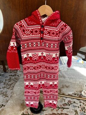 Hanna Andersson Red and White Knit Fairisle Sweater Romper with Hood